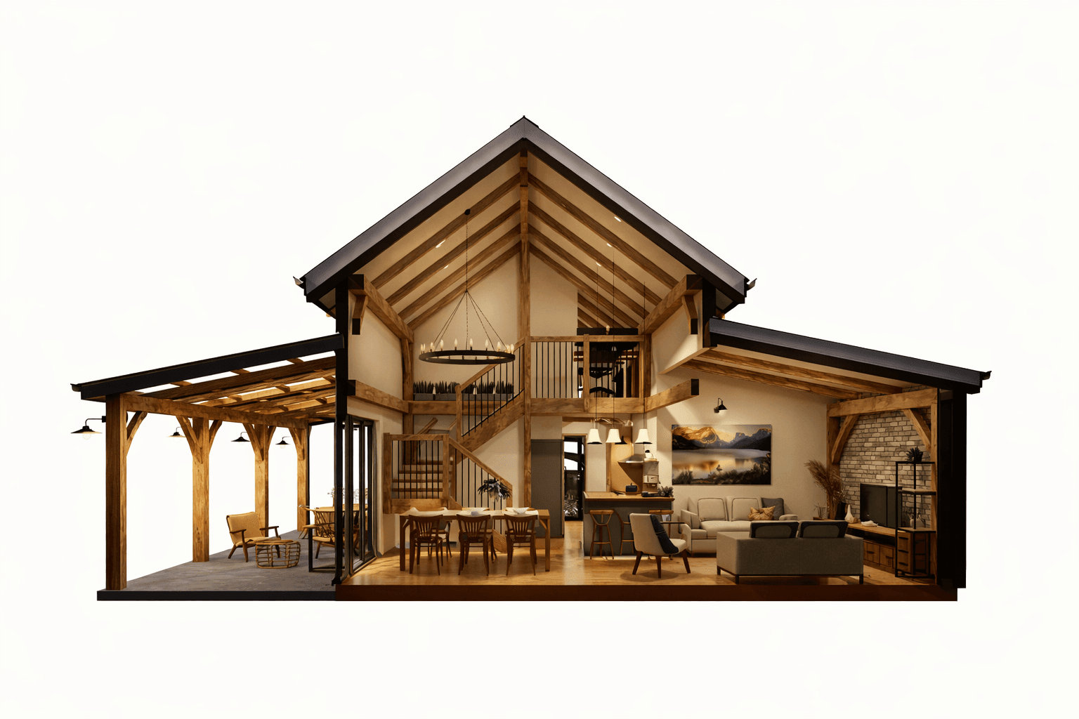 Luxury rural New Zealand barn home with expansive deck, natural materials, and warm evening lighting