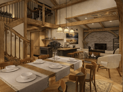 Timber frame house interior with open plan living, staircase, and warm interior lighting