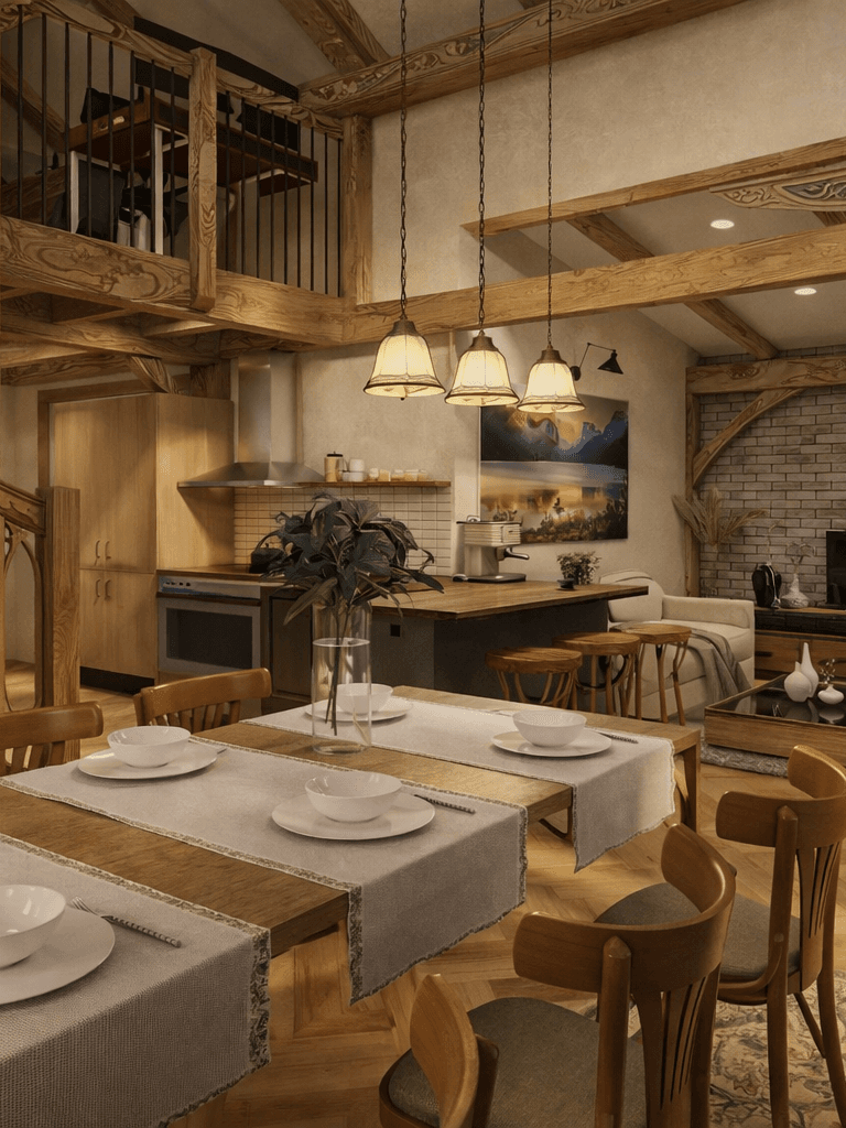 Timber frame house interior with open plan living, staircase, and warm interior lighting
