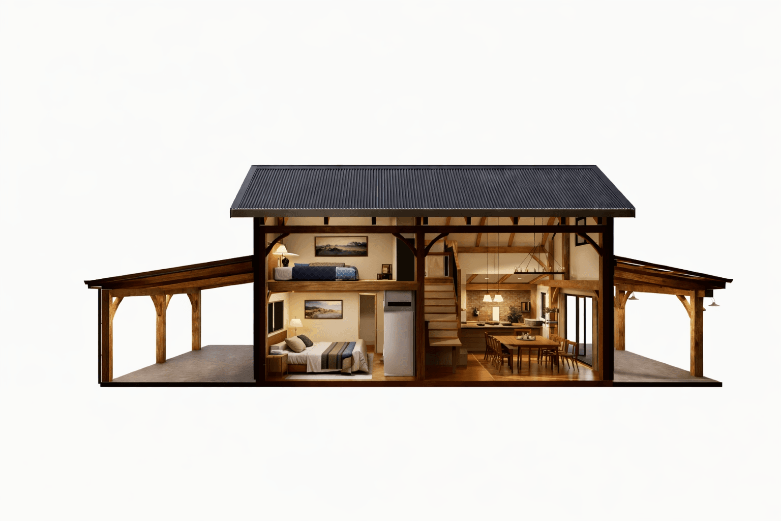 Timber frame house cross section with open plan living, staircase, and warm interior lighting