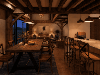 Contemporary rural barn home NZ with large entertaining spaces and timber beams - interior