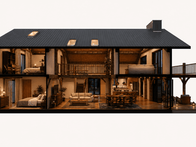 Modern modular SIP barn house NZ with timber frame and double-height living cross section