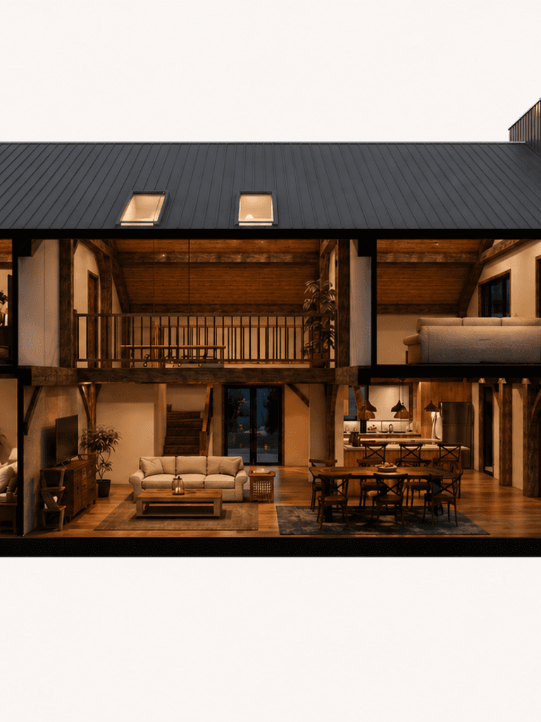 Modern modular SIP barn house NZ with timber frame and double-height living cross section