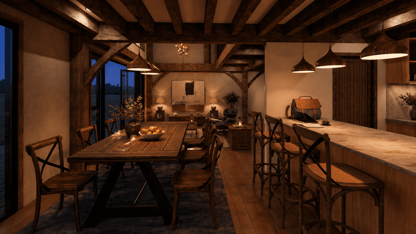 Contemporary rural barn home NZ with large entertaining spaces and timber beams - interior