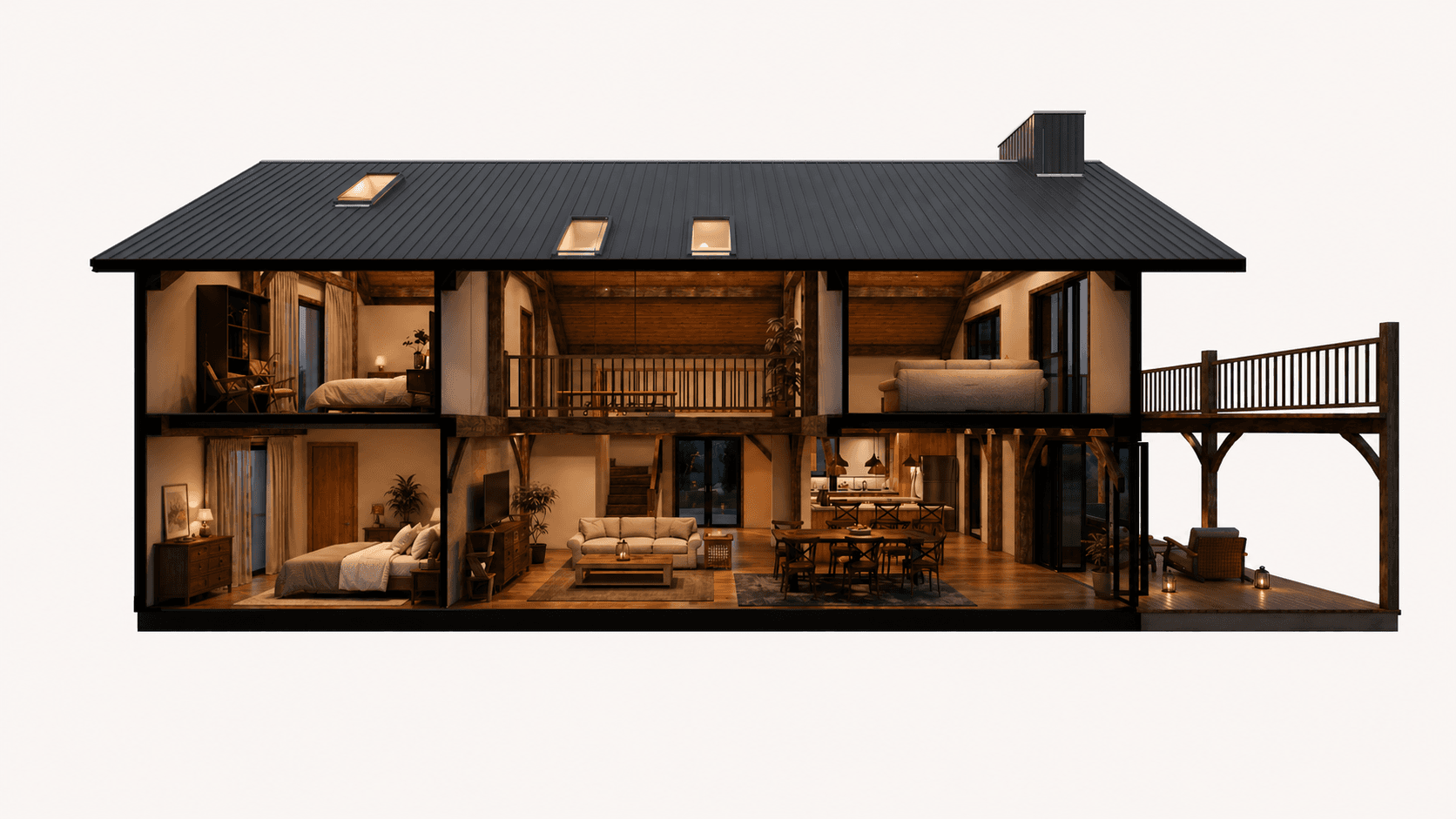 Modern modular SIP barn house NZ with timber frame and double-height living cross section