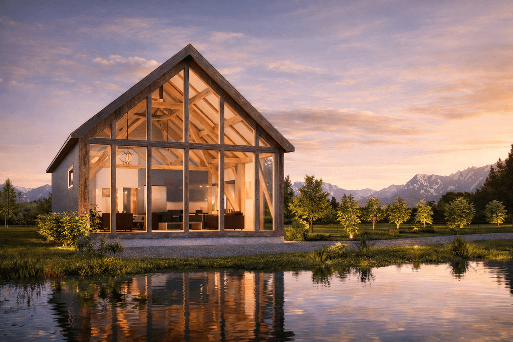 Modern cruck timber home combining compact footprint with spacious open living