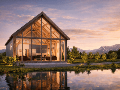 Modern cruck timber home combining compact footprint with spacious open living