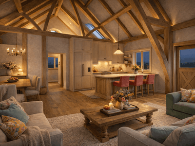 Light-filled timber frame design with dramatic cruck structure and strong architectural character interior