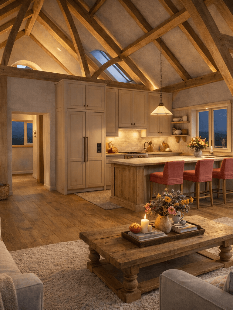 Light-filled timber frame design with dramatic cruck structure and strong architectural character interior