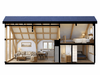 Architecturally bold cruck frame design with light-filled interior and high vaulted ceilings cross section