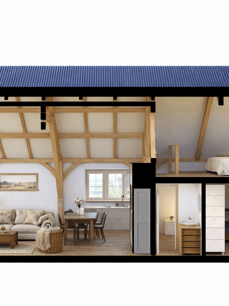 Architecturally bold cruck frame design with light-filled interior and high vaulted ceilings cross section