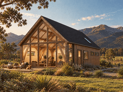 Light-filled cruck-frame barn home with oversized front windows, well suited to creative studios or holiday lets