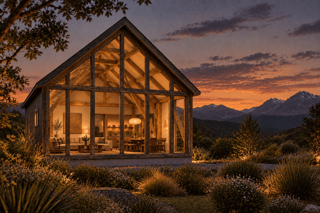 Timber framed barn home featuring exposed curved cruck trusses and an expansive glazed front facade - Heritage Timbercraft