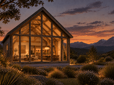Timber framed barn home featuring exposed curved cruck trusses and an expansive glazed front facade - Heritage Timbercraft