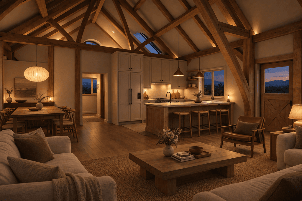 Cruck frame timber barn home interior with floor-to-ceiling front windows, ideal as an artist studio or Airbnb rental