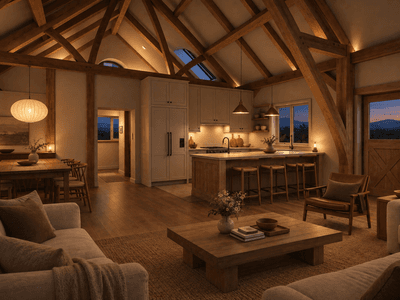 Cruck frame timber barn home interior with floor-to-ceiling front windows, ideal as an artist studio or Airbnb rental