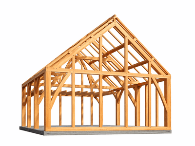 Compact timber home with soaring cruck beams and expansive windows framing scenic views