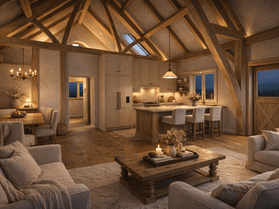 Light-filled timber frame design with dramatic cruck structure and strong architectural character