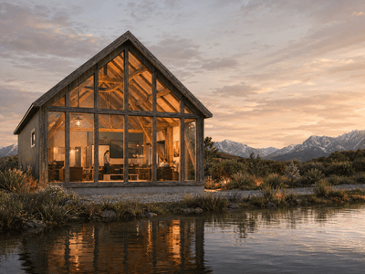 Modern timber frame barn studio with exposed cruck frame construction and sustainable New Zealand timber