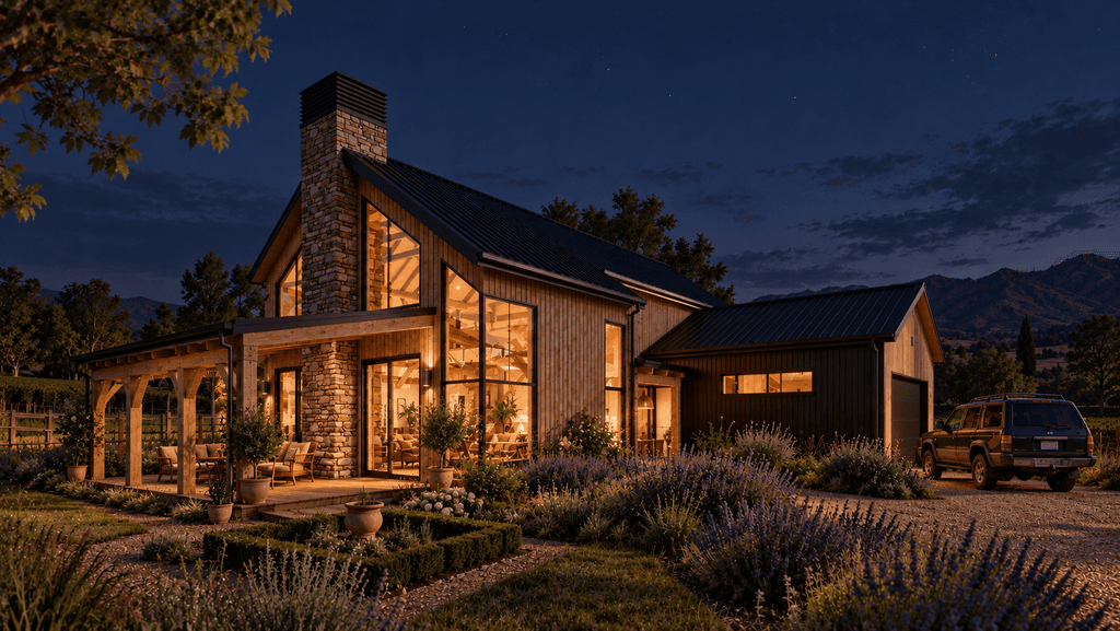Wide covered veranda with outdoor seating on a custom timber barn home by Heritage Timbercraft