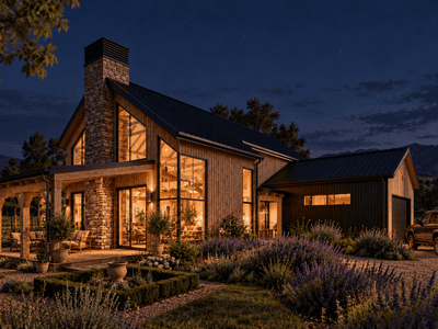 Wide covered veranda with outdoor seating on a custom timber barn home by Heritage Timbercraft