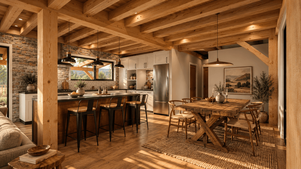 Open-plan living and dining space with floor-to-ceiling windows and timber frame