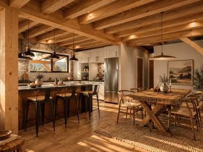 Open-plan living and dining space with floor-to-ceiling windows and timber frame