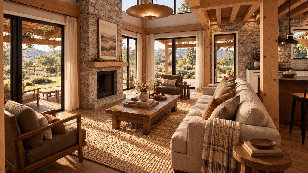 Architectural timber barn home living area with vaulted ceilings set in open countryside