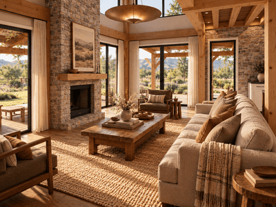 Architectural timber barn home living area with vaulted ceilings set in open countryside