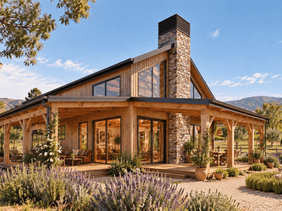 The Summer House timber frame barn home exterior with veranda at golden hour by Heritage Timbercraft