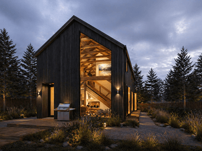 Contemporary barn style home with exposed Douglas-fir timber beams and luxury lifestyle appeal