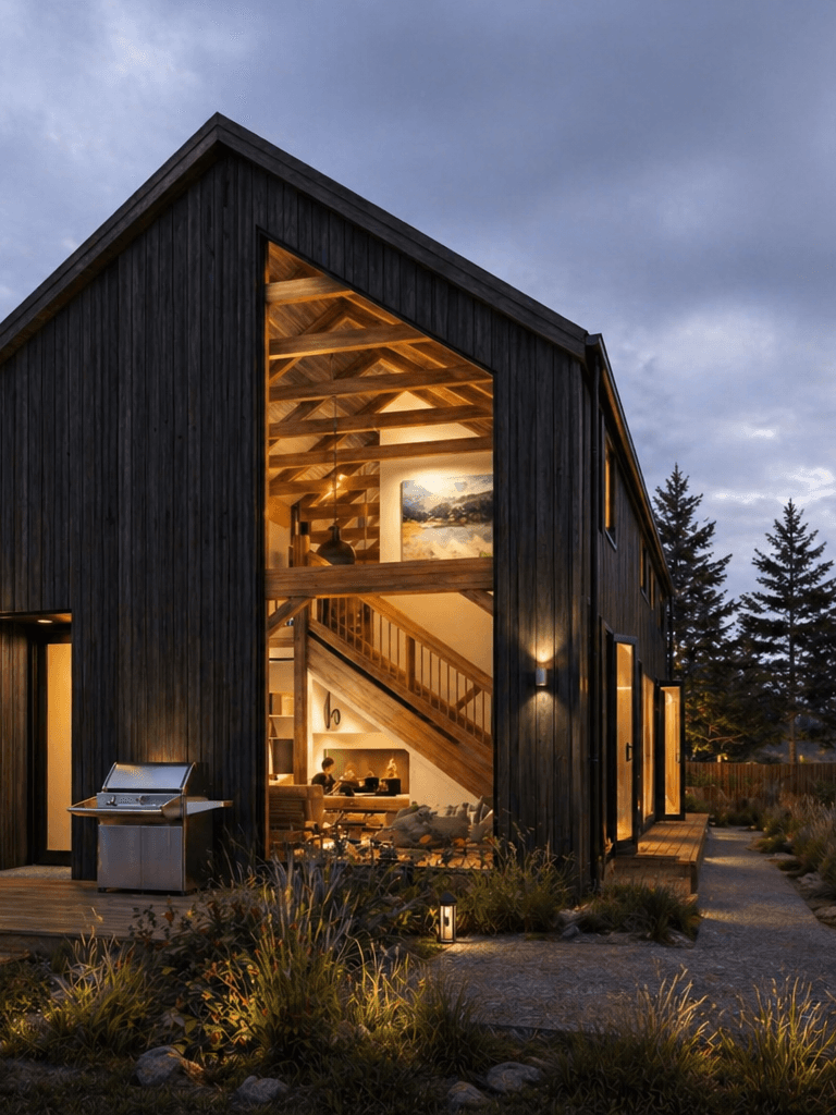 Contemporary barn style home with exposed Douglas-fir timber beams and luxury lifestyle appeal
