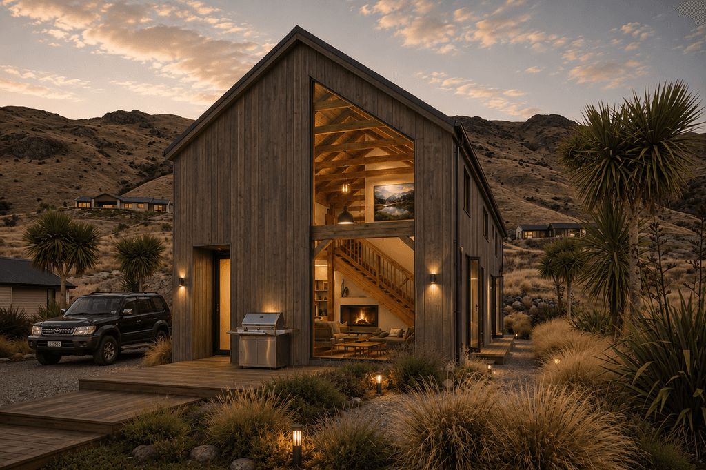 Luxury timber frame home exterior in a high country alpine setting oversized window