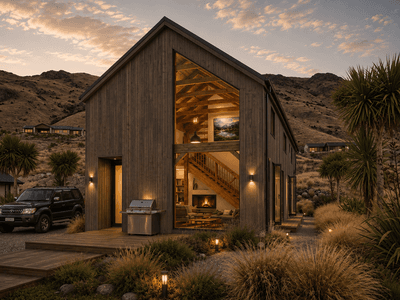 Luxury timber frame home exterior in a high country alpine setting oversized window