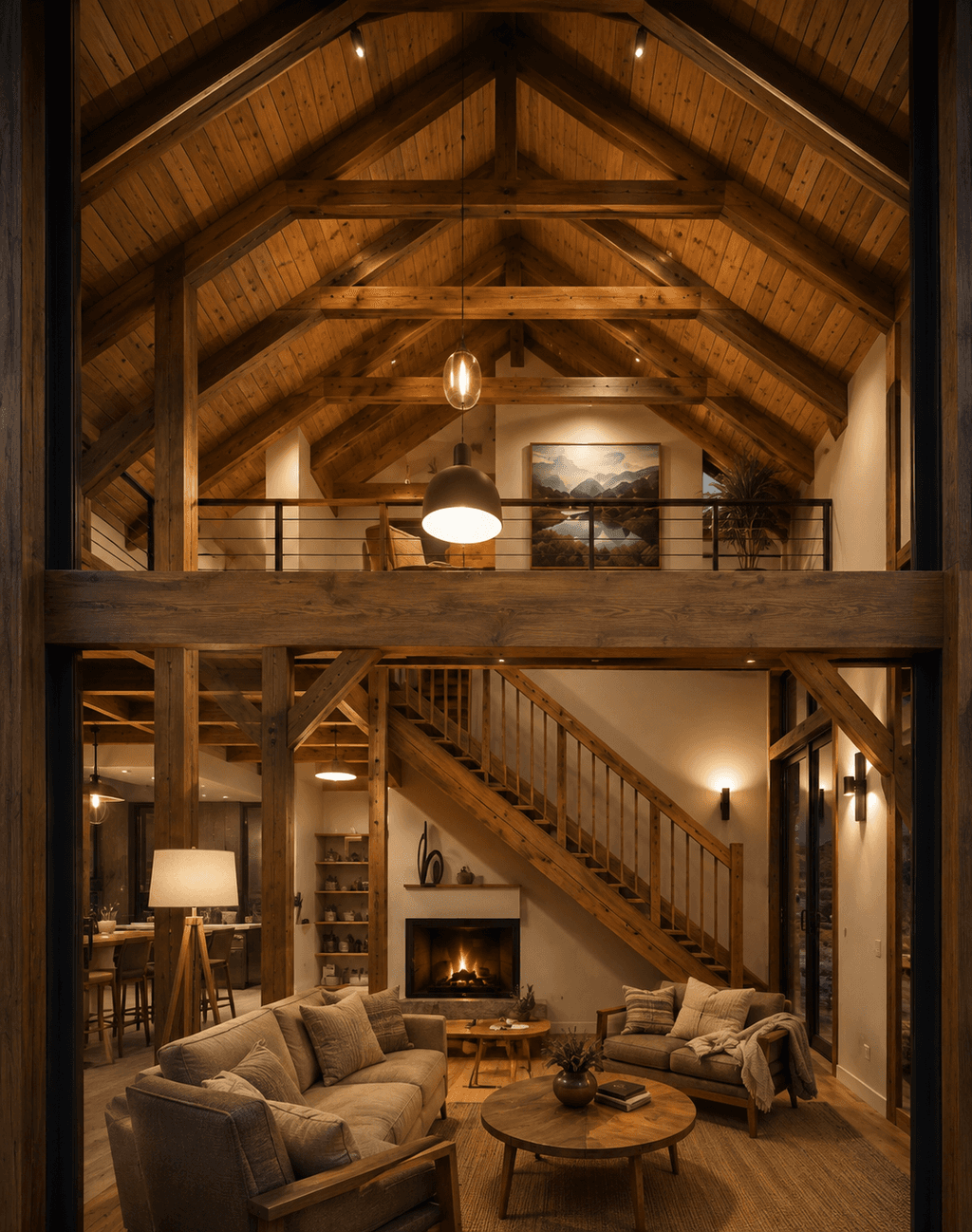 Timber frame living room with exposed beams and soaring vaulted ceiling fireplace