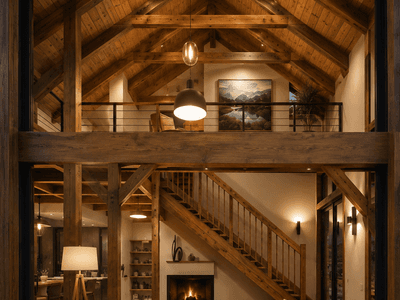 Timber frame living room with exposed beams and soaring vaulted ceiling fireplace