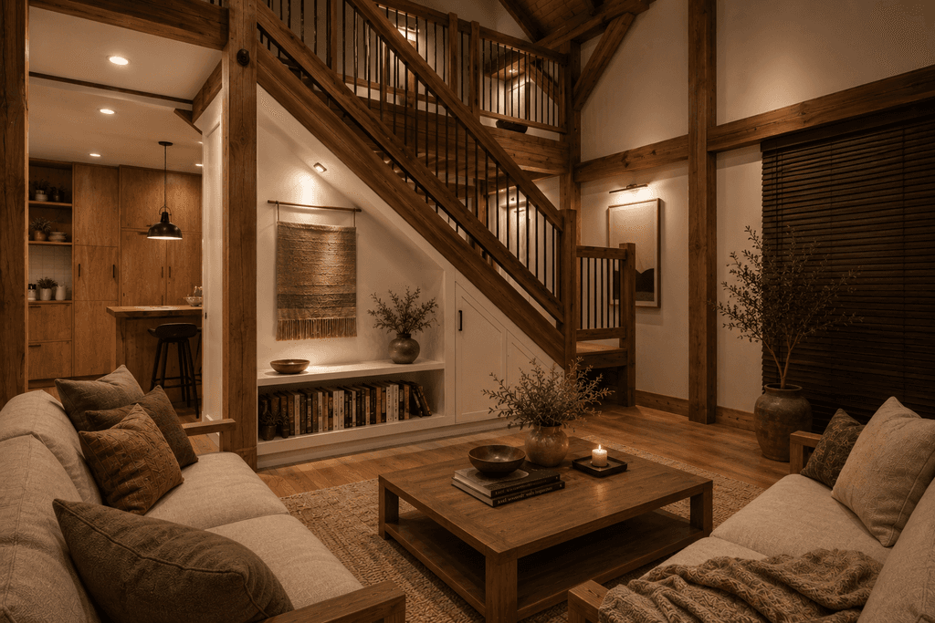 Timber frame living room with exposed beams and soaring vaulted ceiling