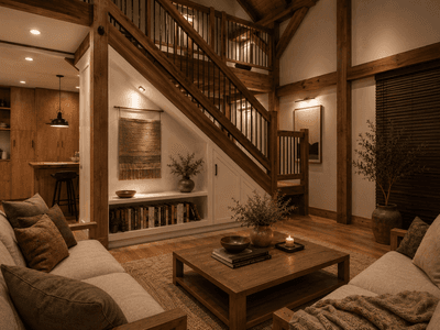 Timber frame living room with exposed beams and soaring vaulted ceiling