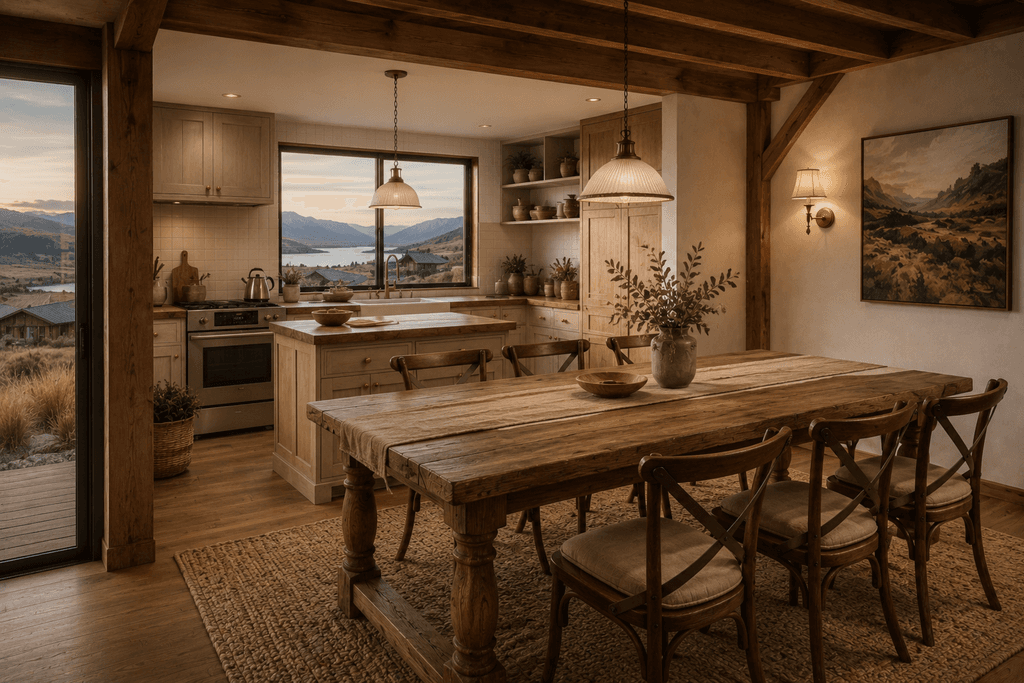 Modern barn home with exposed timber beams and vaulted living area kitchen