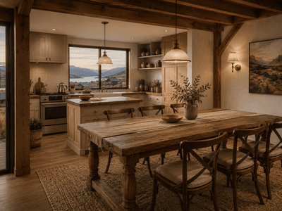 Modern barn home with exposed timber beams and vaulted living area kitchen