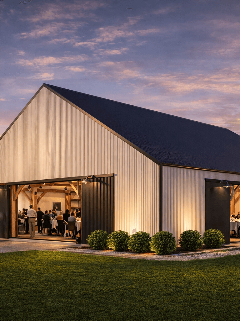 Luxury barn style event venue in New Zealand built with Macrocarpa timber for modern barn living events