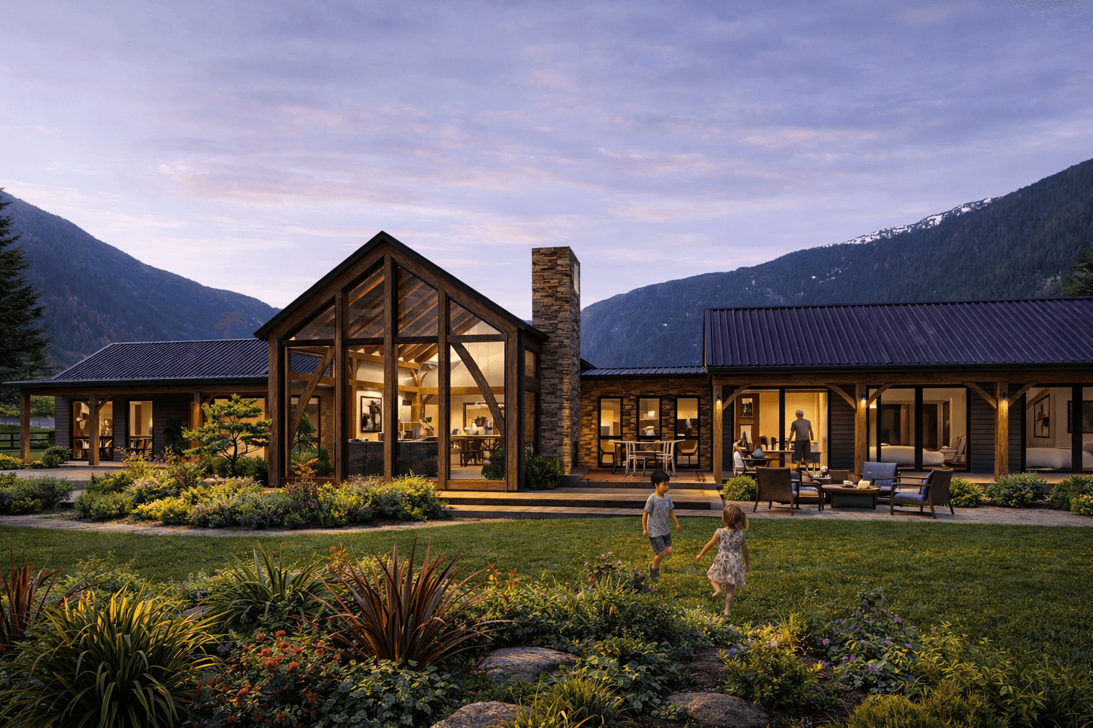 High-end timber frame single-storey barn home with sprawling layout, ideal for rural living and modern architecture.