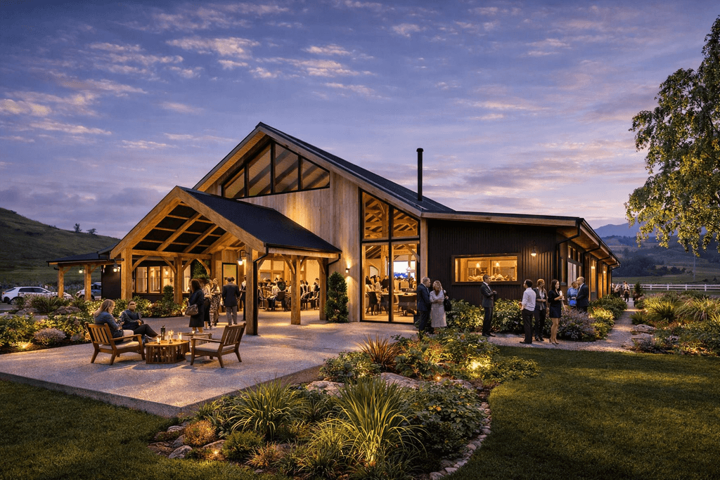 Timber barn event venue New Zealand with exposed mortise and tenon timber beams