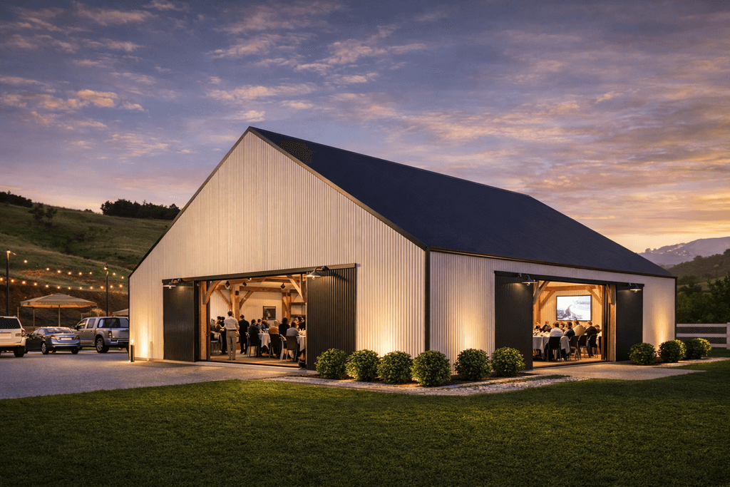 Luxury barn style event venue in New Zealand built with Macrocarpa timber for modern barn living events