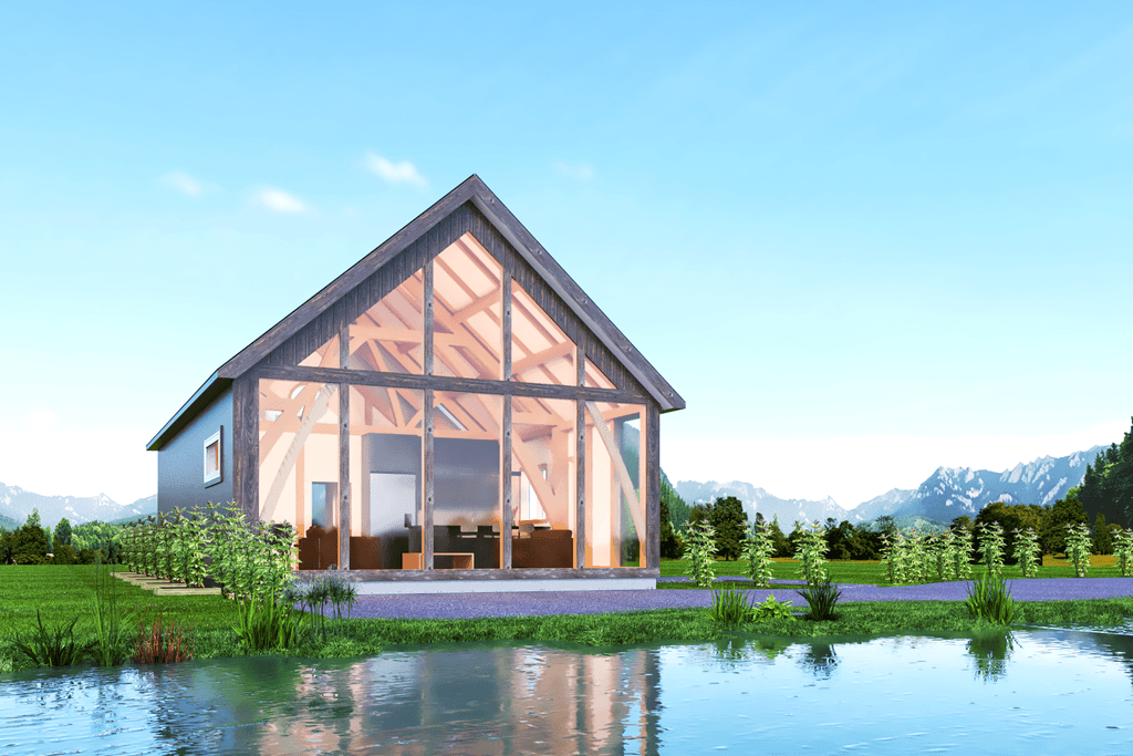 Bespoke timber frame country barn home in New Zealand with oversized sliding glass doors