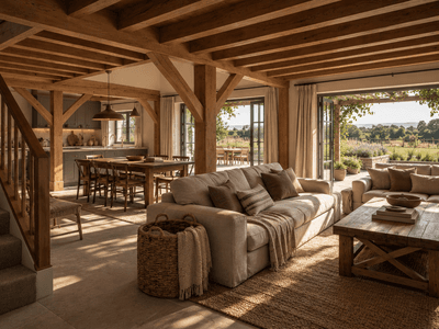 Spacious living area barn-style townhouse made from sustainable NZ timber with exposed structural beams and natural finishes
