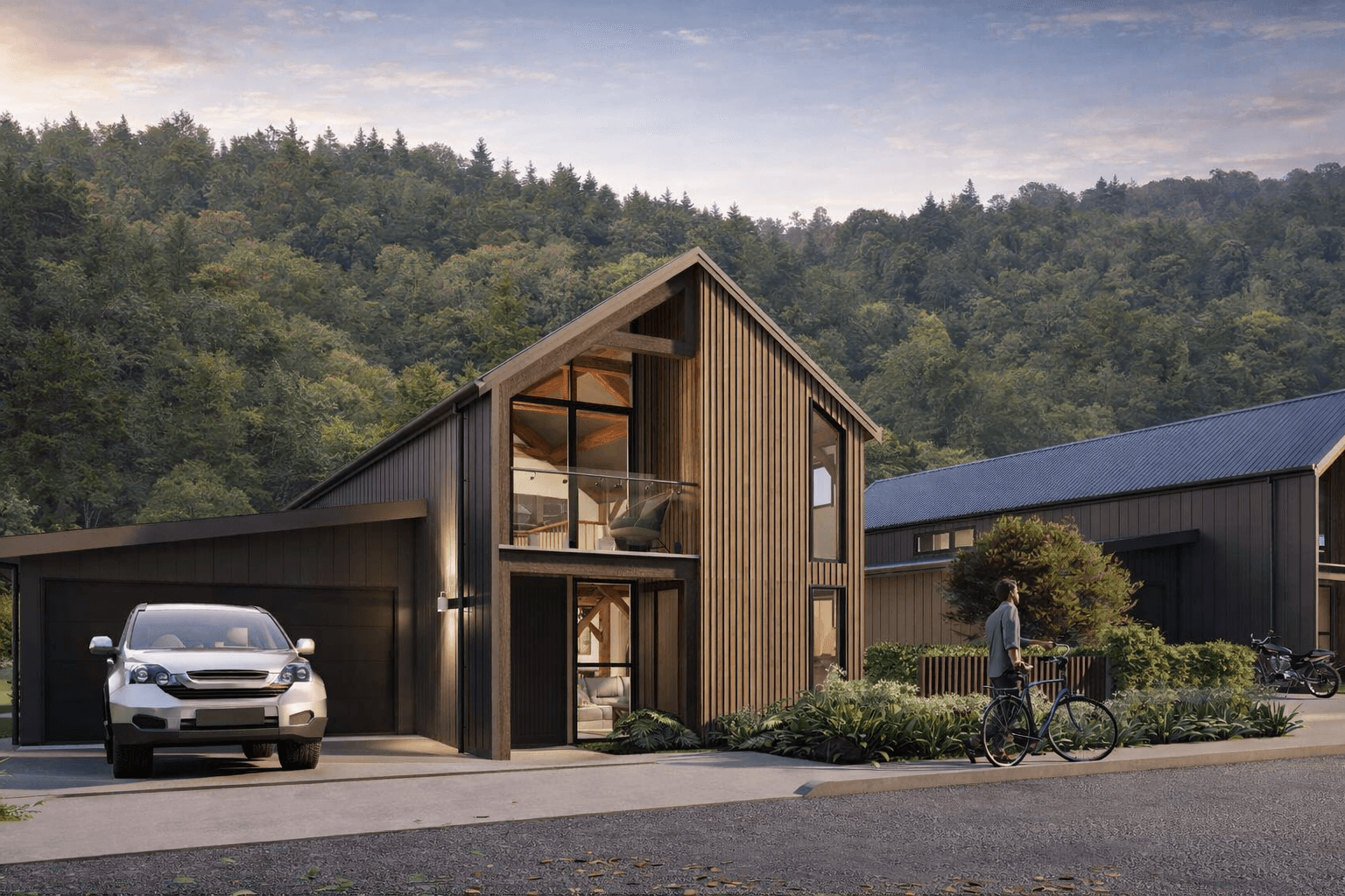 NZ modern barn townhouse “The Vector” with floor-to-ceiling glazing and panoramic rural views