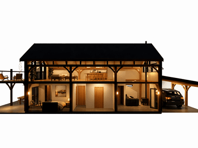 Timber frame barn house with master bedroom and bunkroom