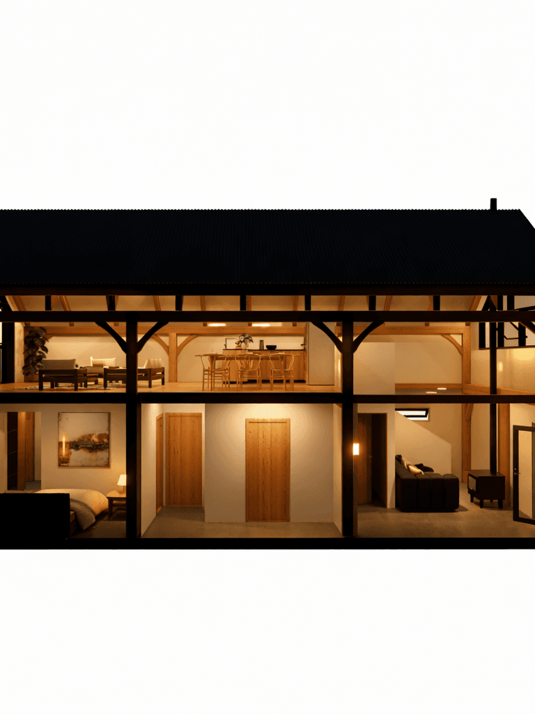 Timber frame barn house with master bedroom and bunkroom