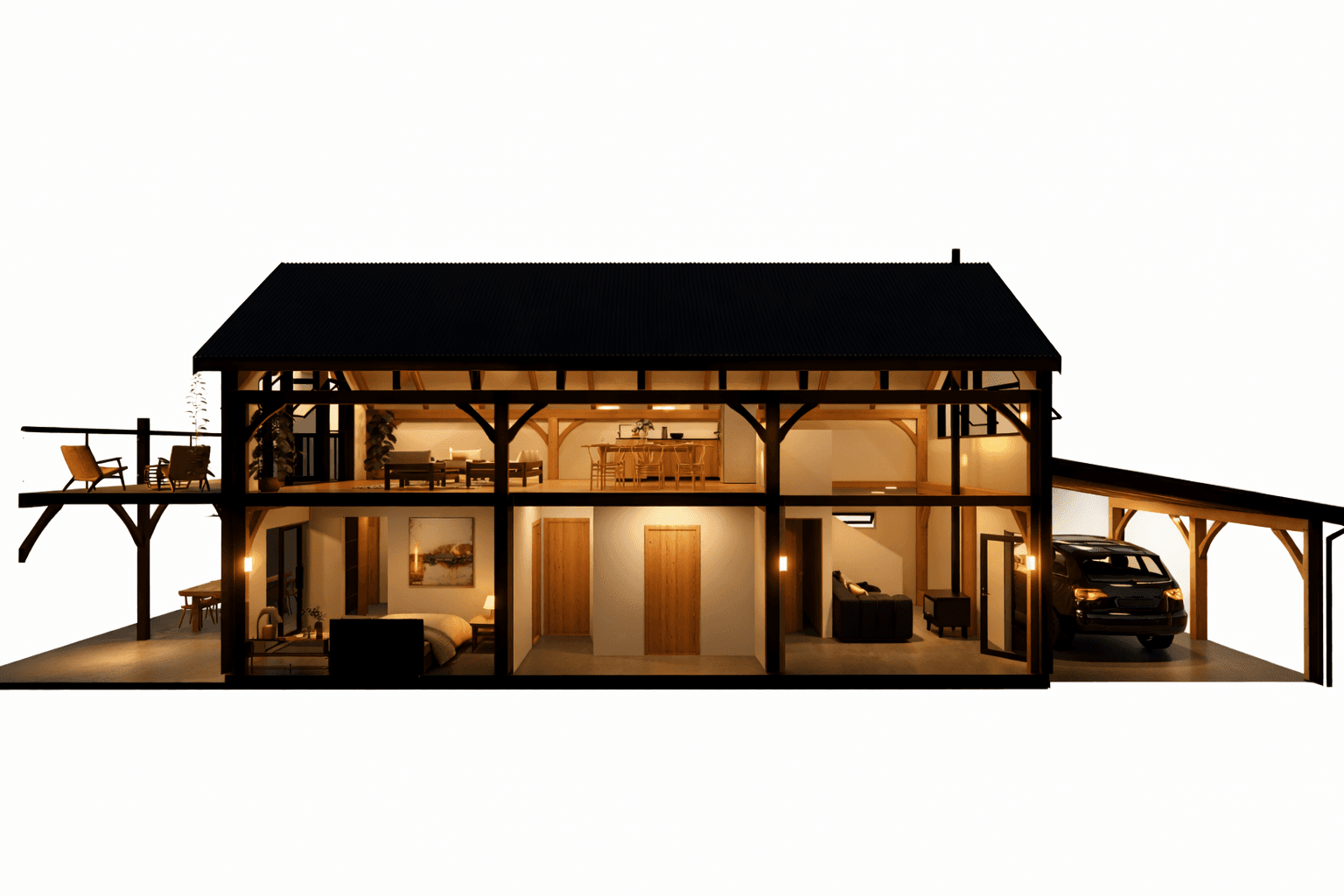 Timber frame barn house with master bedroom and bunkroom